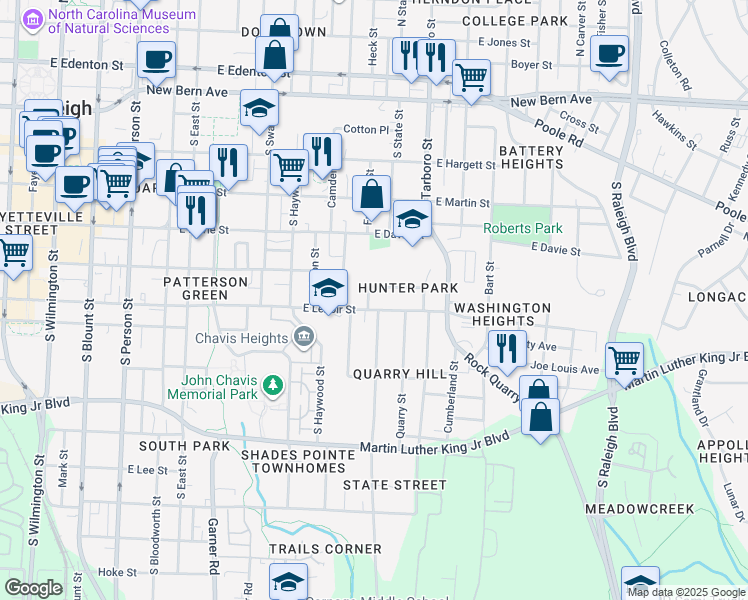 map of restaurants, bars, coffee shops, grocery stores, and more near 819 Postell Street in Raleigh