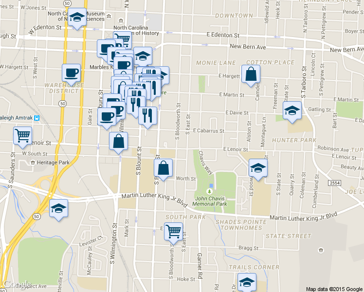 map of restaurants, bars, coffee shops, grocery stores, and more near 510 South East Street in Raleigh