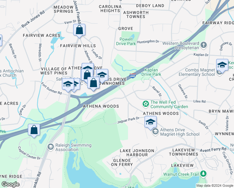 map of restaurants, bars, coffee shops, grocery stores, and more near 1100 Athens Drive in Raleigh