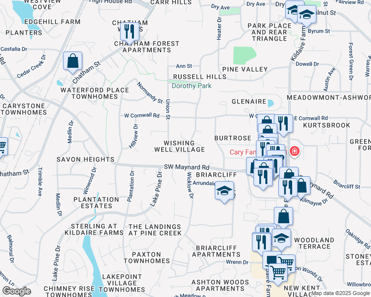 map of restaurants, bars, coffee shops, grocery stores, and more near 916 Griffis Street in Cary