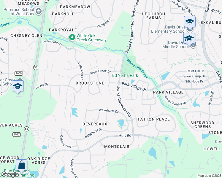 map of restaurants, bars, coffee shops, grocery stores, and more near 109 Brook Fryar Street in Cary