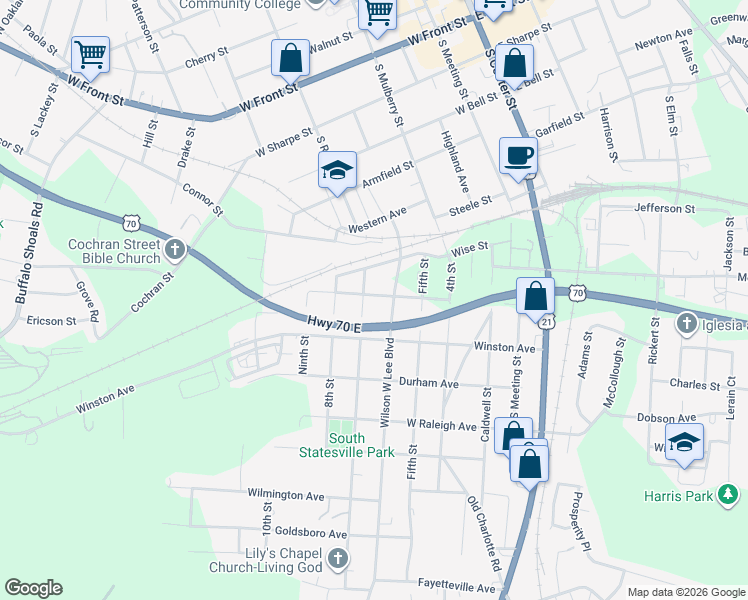 map of restaurants, bars, coffee shops, grocery stores, and more near 825 7th Street in Statesville