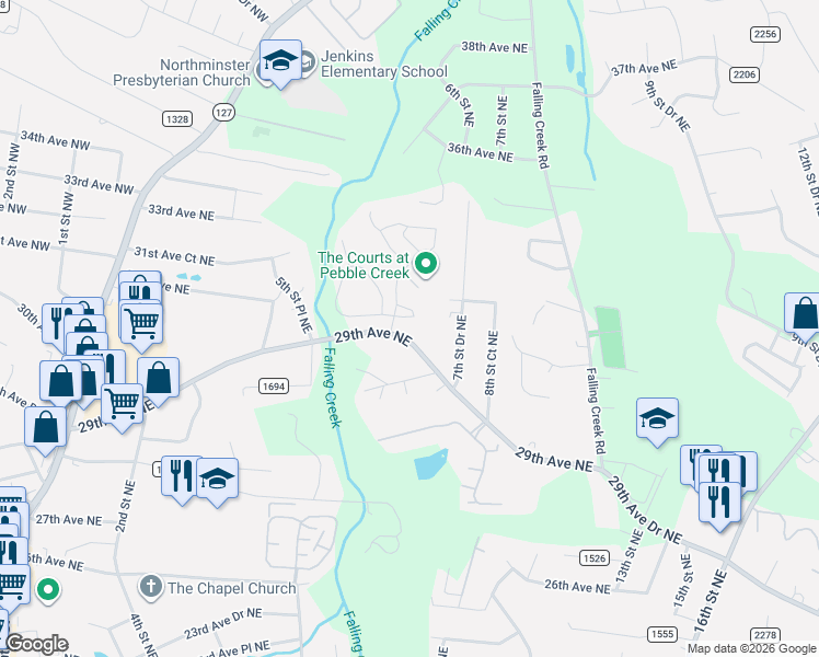 map of restaurants, bars, coffee shops, grocery stores, and more near 3040 30th Avenue Circle Northeast in Hickory