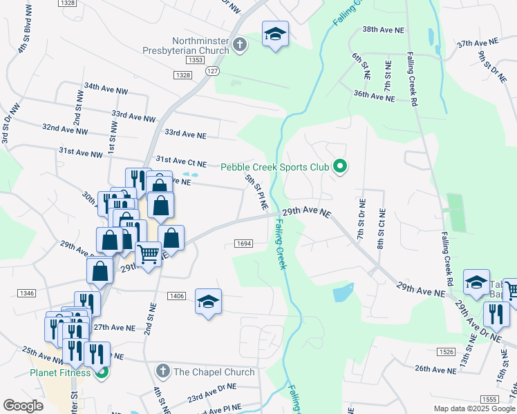 map of restaurants, bars, coffee shops, grocery stores, and more near 2919 5th Street Place Northeast in Hickory