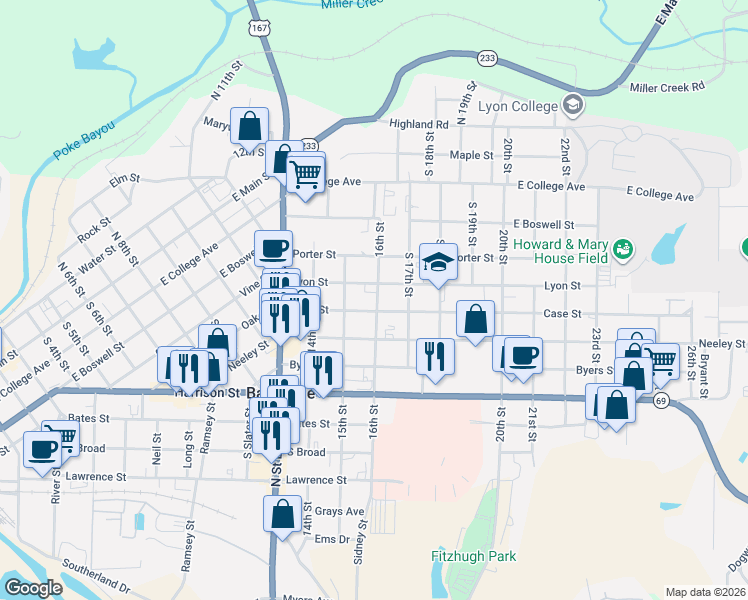 map of restaurants, bars, coffee shops, grocery stores, and more near 1619 Lyon Street in Batesville