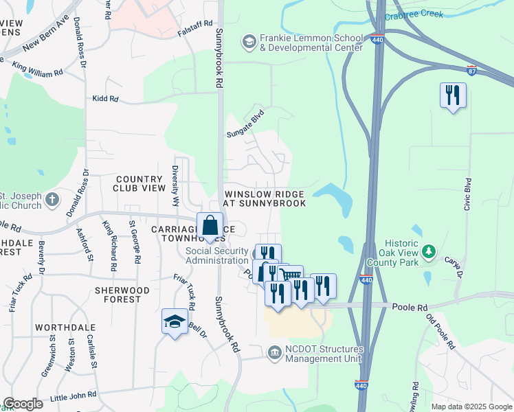 map of restaurants, bars, coffee shops, grocery stores, and more near 3360 Bridgeville Road in Raleigh