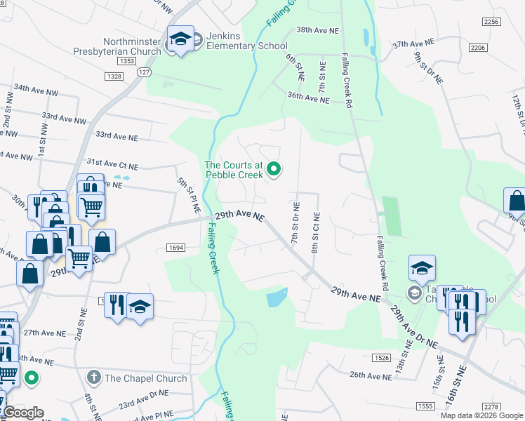 map of restaurants, bars, coffee shops, grocery stores, and more near 3040 30th Avenue Circle Northeast in Hickory