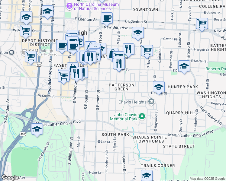 map of restaurants, bars, coffee shops, grocery stores, and more near 510 South East Street in Raleigh