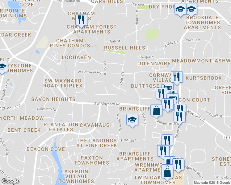 map of restaurants, bars, coffee shops, grocery stores, and more near 916 Griffis Street in Cary