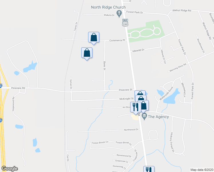 map of restaurants, bars, coffee shops, grocery stores, and more near 2450 Bank Street in Asheboro