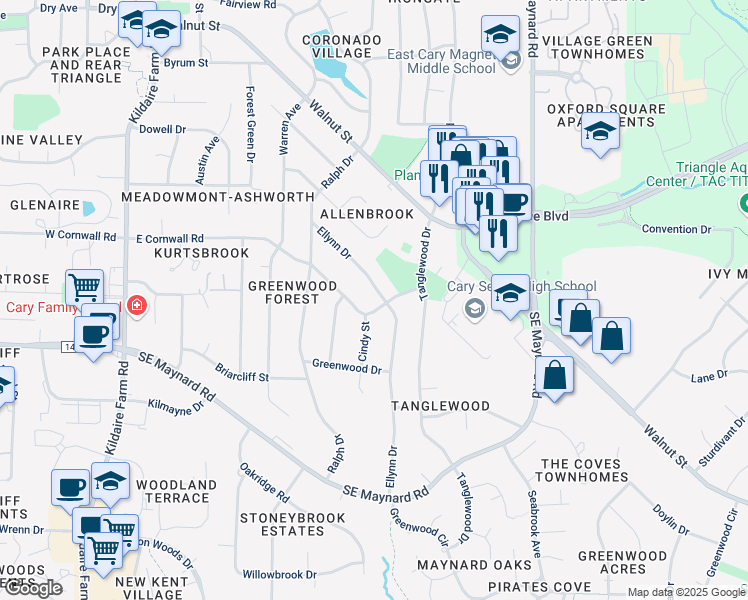 map of restaurants, bars, coffee shops, grocery stores, and more near 544 Ellynn Drive in Cary