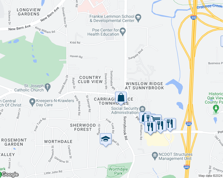 map of restaurants, bars, coffee shops, grocery stores, and more near 432 Sustainable Way in Raleigh