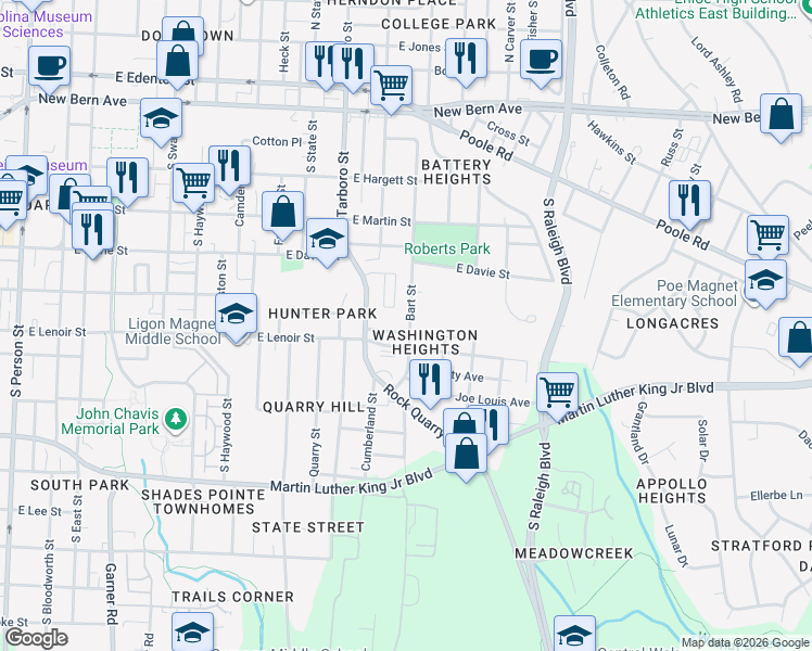 map of restaurants, bars, coffee shops, grocery stores, and more near 1225 Robinson Avenue in Raleigh
