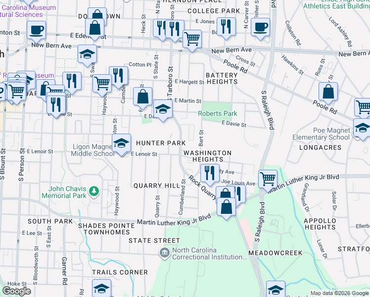 map of restaurants, bars, coffee shops, grocery stores, and more near 505 Rock Quarry Road in Raleigh