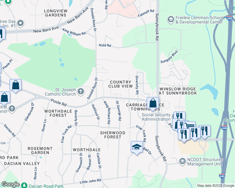 map of restaurants, bars, coffee shops, grocery stores, and more near White Blossom Court in Raleigh