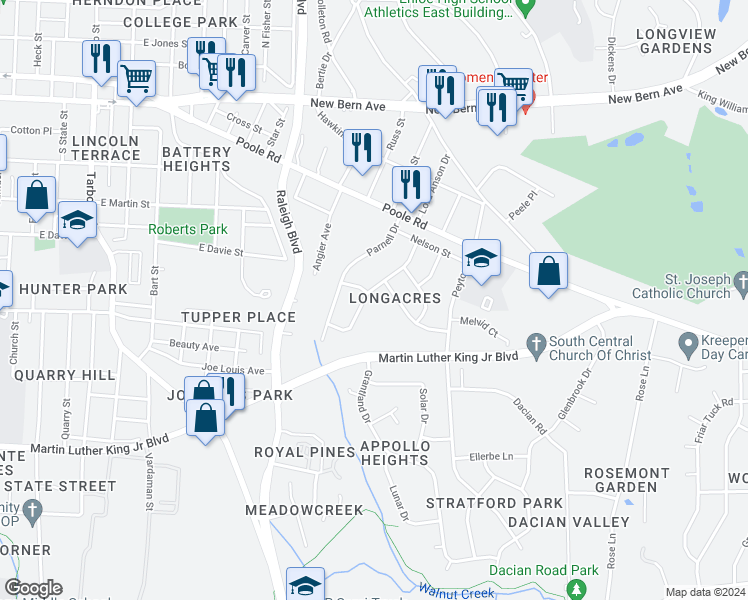 map of restaurants, bars, coffee shops, grocery stores, and more near 501 Lansing Street in Raleigh