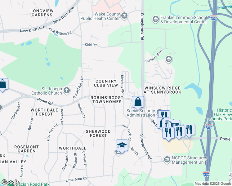 map of restaurants, bars, coffee shops, grocery stores, and more near 635 Rawls Drive in Raleigh