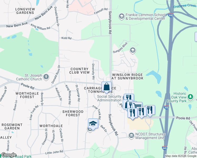 map of restaurants, bars, coffee shops, grocery stores, and more near 432 Sustainable Way in Raleigh