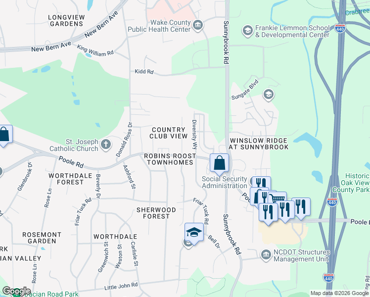 map of restaurants, bars, coffee shops, grocery stores, and more near 635 Rawls Drive in Raleigh