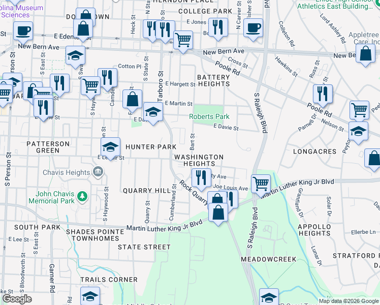 map of restaurants, bars, coffee shops, grocery stores, and more near 1225 Robinson Avenue in Raleigh