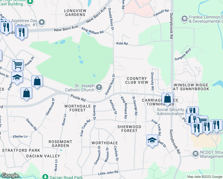 map of restaurants, bars, coffee shops, grocery stores, and more near 619 Donald Ross Drive in Raleigh