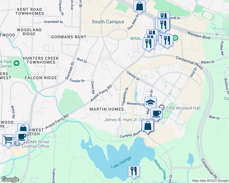 map of restaurants, bars, coffee shops, grocery stores, and more near 2503 Avent Ferry Road in Raleigh