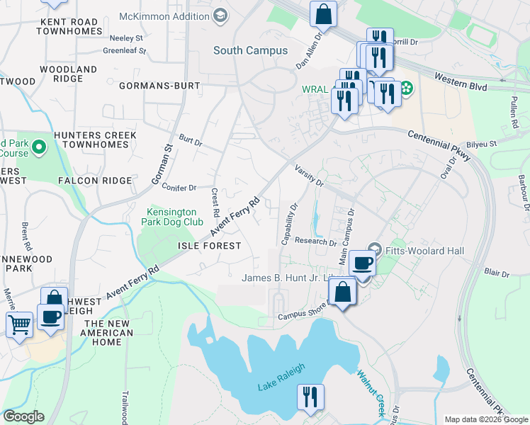 map of restaurants, bars, coffee shops, grocery stores, and more near 2503 Avent Ferry Road in Raleigh
