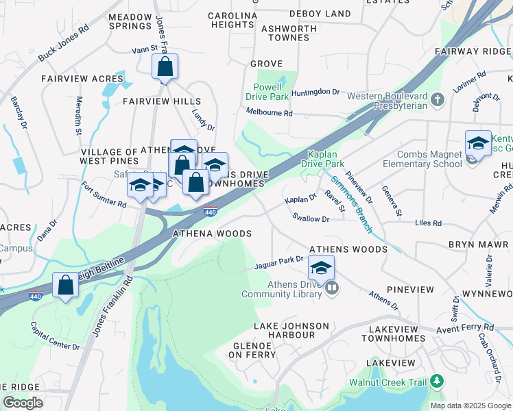 map of restaurants, bars, coffee shops, grocery stores, and more near 1104 Athens Drive in Raleigh