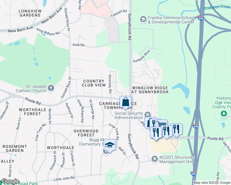map of restaurants, bars, coffee shops, grocery stores, and more near 430 Sustainable Way in Raleigh