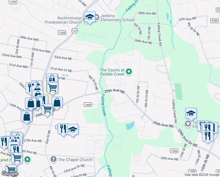 map of restaurants, bars, coffee shops, grocery stores, and more near 565 30th Avenue Circle Northeast in Hickory