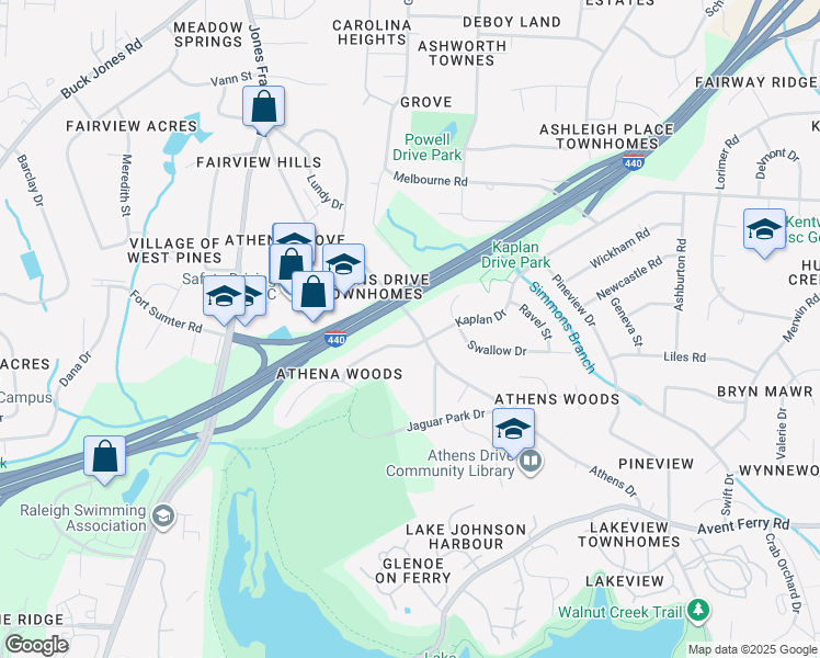 map of restaurants, bars, coffee shops, grocery stores, and more near 1104 Athens Drive in Raleigh