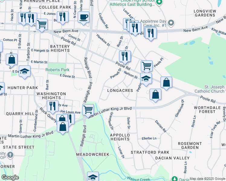 map of restaurants, bars, coffee shops, grocery stores, and more near 501 Lansing Street in Raleigh