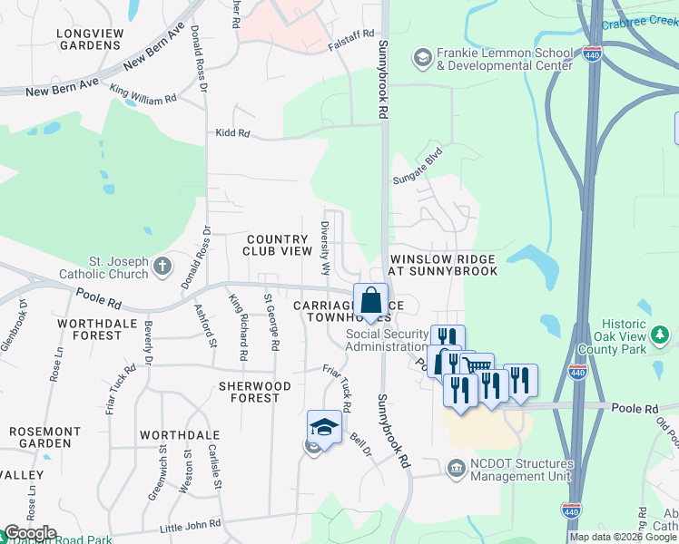 map of restaurants, bars, coffee shops, grocery stores, and more near 3209 Poole Road in Raleigh