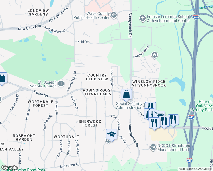 map of restaurants, bars, coffee shops, grocery stores, and more near 635 Rawls Drive in Raleigh