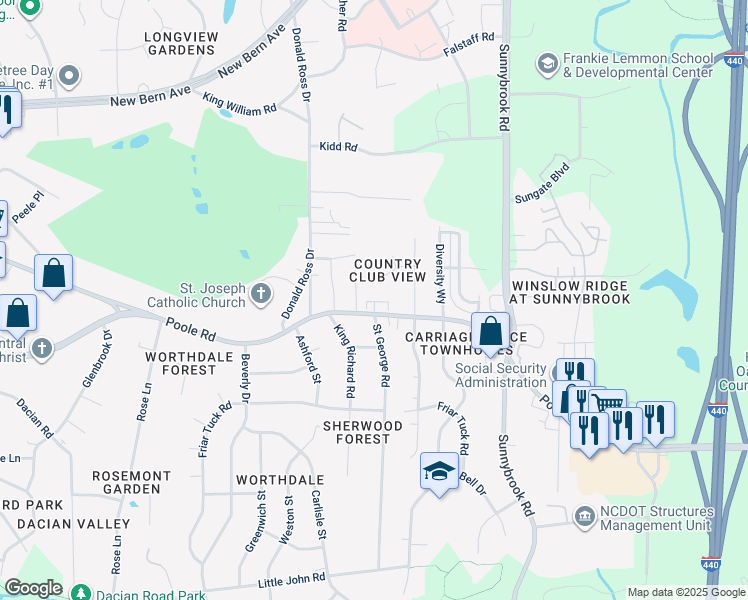 map of restaurants, bars, coffee shops, grocery stores, and more near White Blossom Court in Raleigh