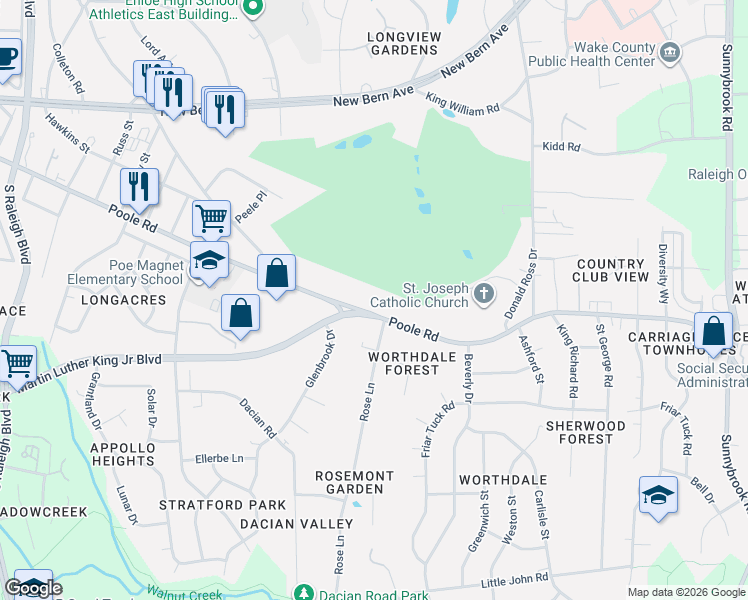 map of restaurants, bars, coffee shops, grocery stores, and more near 2619 Poole Road in Raleigh