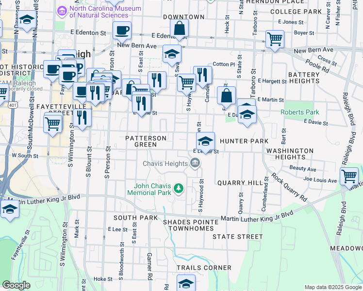 map of restaurants, bars, coffee shops, grocery stores, and more near 609 Hay Lane in Raleigh