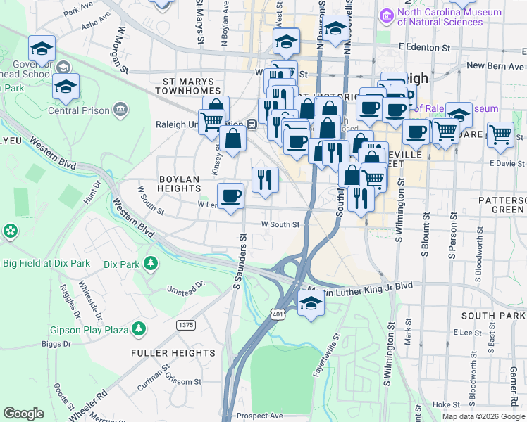 map of restaurants, bars, coffee shops, grocery stores, and more near in Raleigh