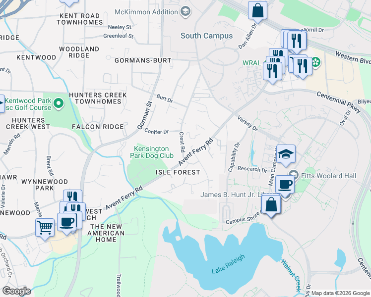 map of restaurants, bars, coffee shops, grocery stores, and more near 1707 Crest Road in Raleigh