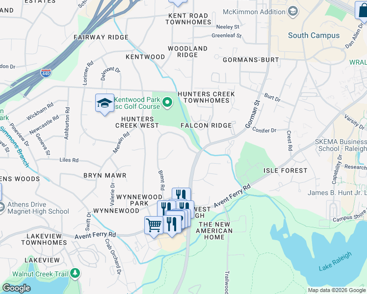 map of restaurants, bars, coffee shops, grocery stores, and more near 514 Brent Road in Raleigh