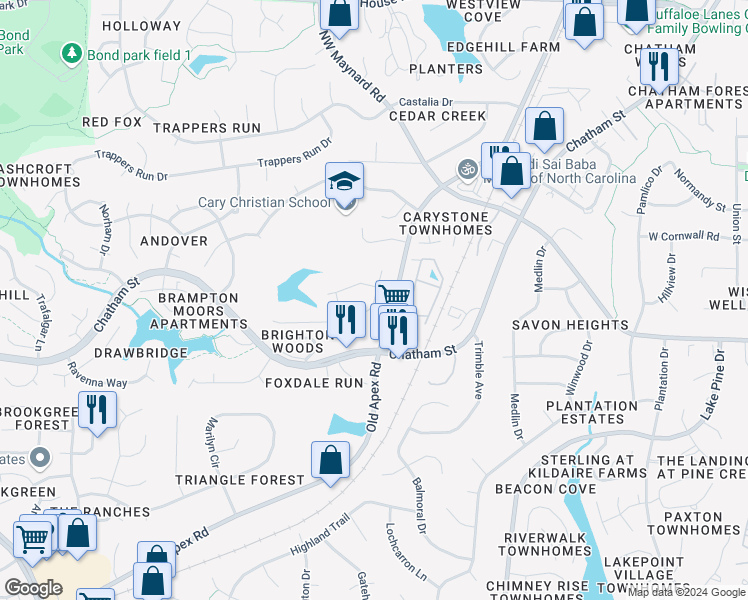 map of restaurants, bars, coffee shops, grocery stores, and more near 300 Oakmere Drive in Cary