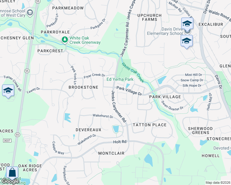 map of restaurants, bars, coffee shops, grocery stores, and more near 205 Union Mills Way in Cary