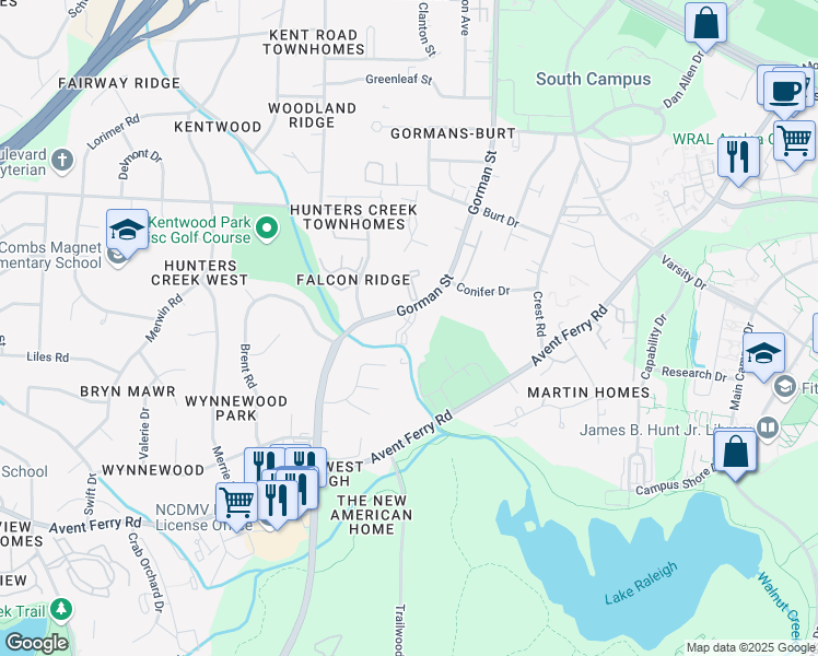map of restaurants, bars, coffee shops, grocery stores, and more near 1501 Graduate Lane in Raleigh