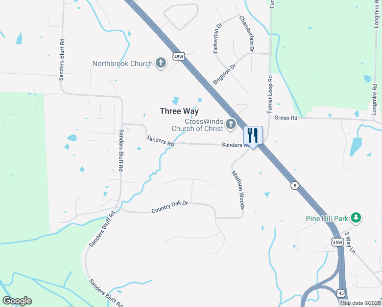 map of restaurants, bars, coffee shops, grocery stores, and more near 65 Sanders Road in Three Way