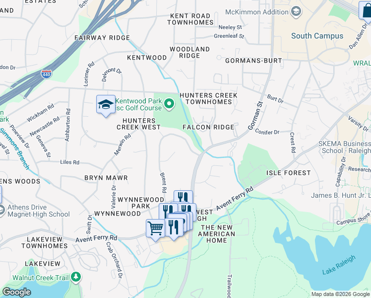 map of restaurants, bars, coffee shops, grocery stores, and more near 514 Brent Road in Raleigh