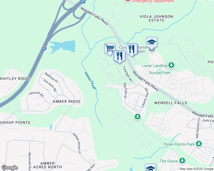 map of restaurants, bars, coffee shops, grocery stores, and more near 6227 Wendell Falls Parkway in Wendell