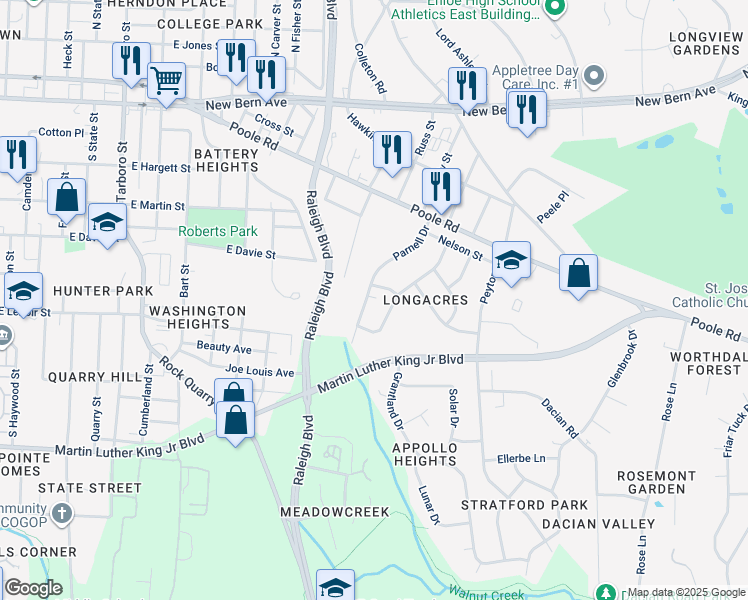 map of restaurants, bars, coffee shops, grocery stores, and more near 507 Parnell Drive in Raleigh