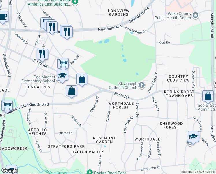map of restaurants, bars, coffee shops, grocery stores, and more near 2619 Poole Road in Raleigh