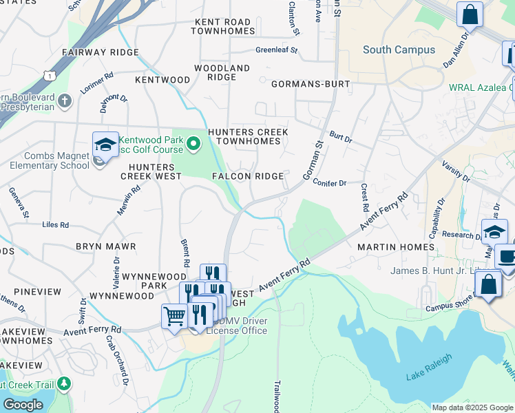 map of restaurants, bars, coffee shops, grocery stores, and more near 1947 Gorman Street in Raleigh