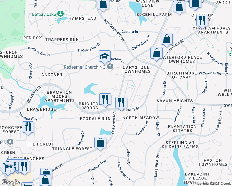 map of restaurants, bars, coffee shops, grocery stores, and more near 232 Oakmere Drive in Cary